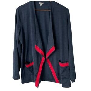 T By Talbots Women's Navy Red Striped Open Front Cardigan Sweater 1X